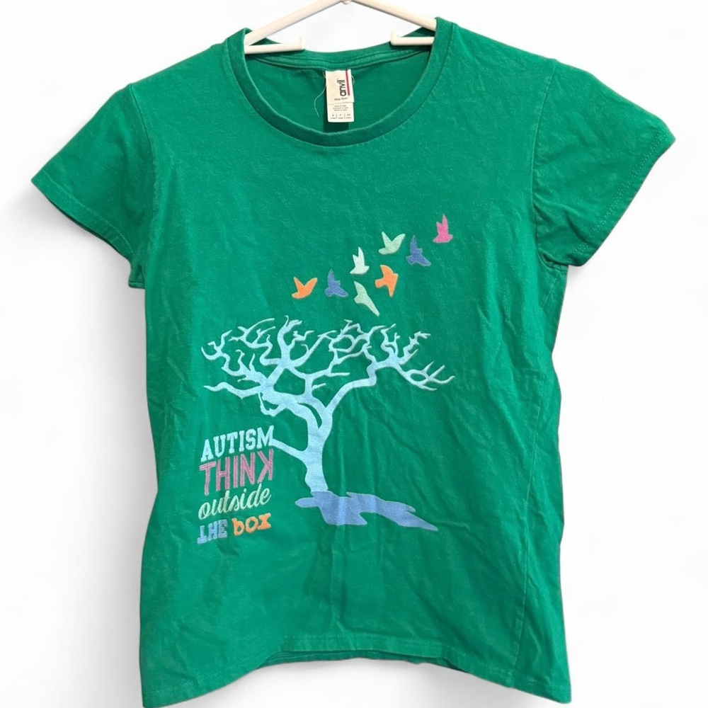 Anvil Green T-Shirt with Tree and Colorful Birds
